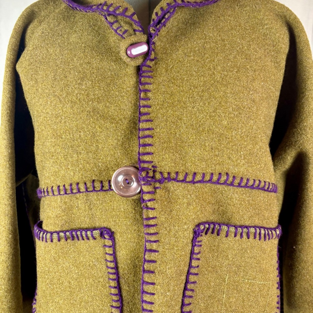 Handmade Hooded Cropped Jacket from Army Green‎ Blanket Button Front Pockets | L - Picture 7 of 16